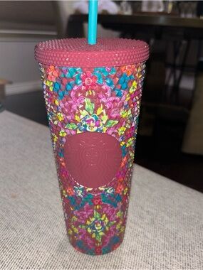 Starbucks 2025 Multicolor Floral Studded Tumbler with Teal Straw